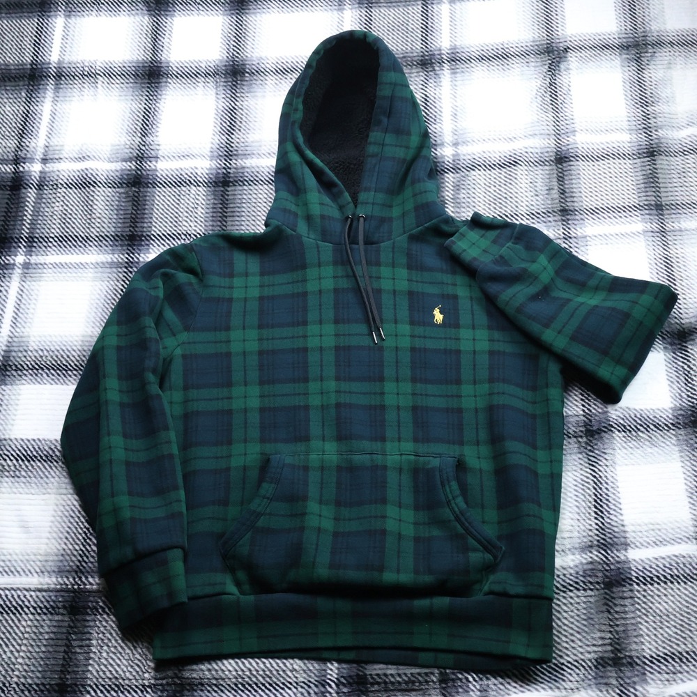 Polo Ralph Lauren Black Watch Plaid Sherpa Lined Hoodie Mens M Green Navy